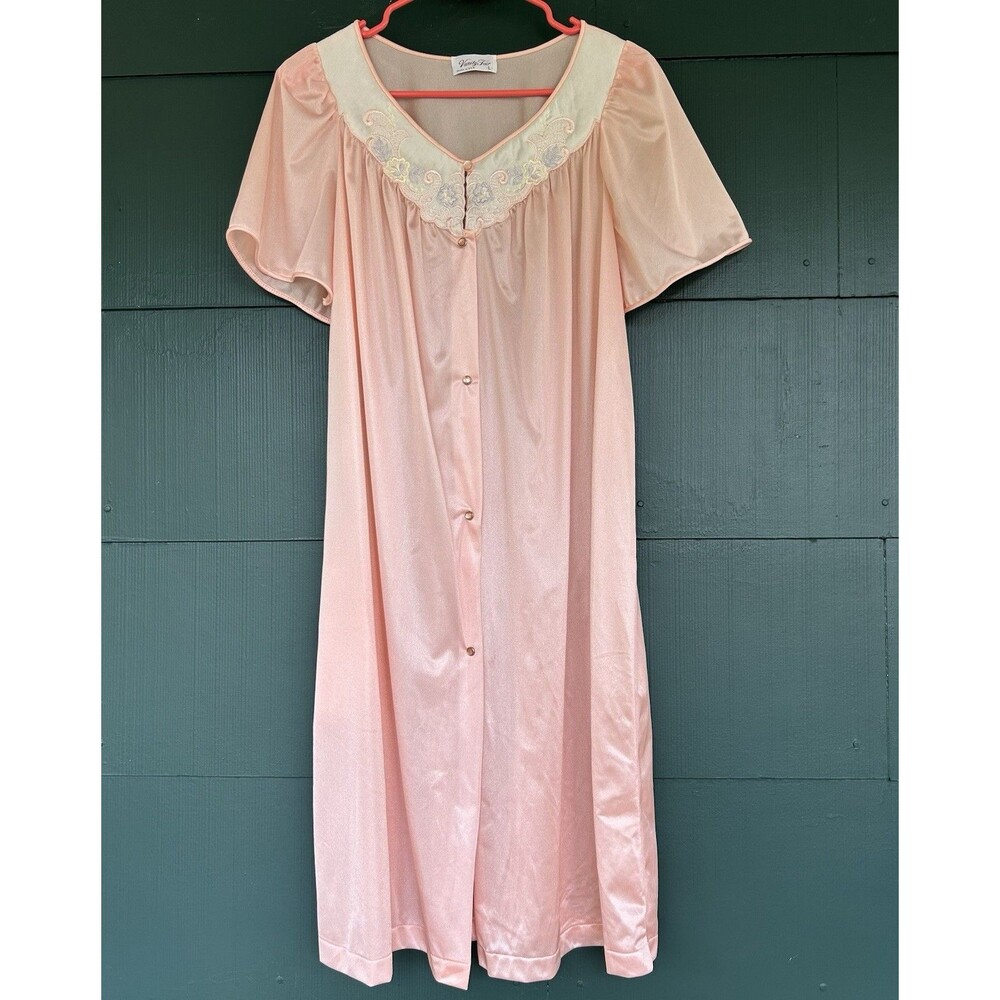 Vintage Vanity Fair Pink Nightgown Robe Nylon Tricot Embroidered Yoke Large 42